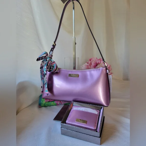 Kate Spade Kenzie Purple Metallic Shoulder Bag & Card Holder - Picture 1 of 9